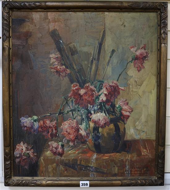 Edmond de Maertelaere , oil on canvas, still life of carnations in a vase with artists brushes